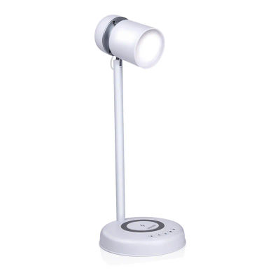 GRUNDIG Lámpara de escritorio LED 3 en 1 - Tecnología Qi - Cargador inalámbrico para teléfono móvil - Altavoz Bluetooth - 4 patas - Blanco