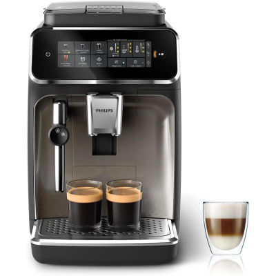 PHILIPS Serie 3300 Cafetera Superautomática, Espumador de leche clásico, 5 tipos de café, SilentBrew, Molinillo Cerámico, pantalla táctil, cromo negro (EP3326/90)