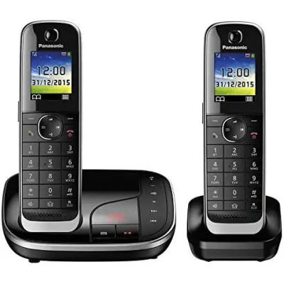 Panasonic KX-TGJ322 - Cordless landline phone with speakerphone, 250 contacts, caller ID, SMS, CE certified, and black color for home or office use.