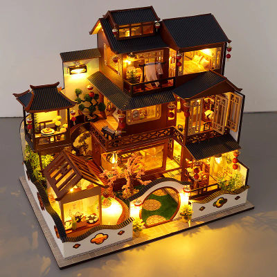 Kit de Casa de muñecas de madera en miniatura, muebles chinos, modelo de caja de habitación, Casa de muñecas grande, Casa, juguetes ensamblados para regalos de adultos