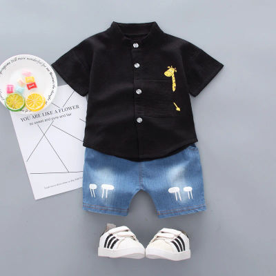 Nueva gran oferta de verano, camisa para niños pequeños, Tops de dibujos animados, pantalones cortos vaqueros, conjunto de trajes, ropa para bebés
