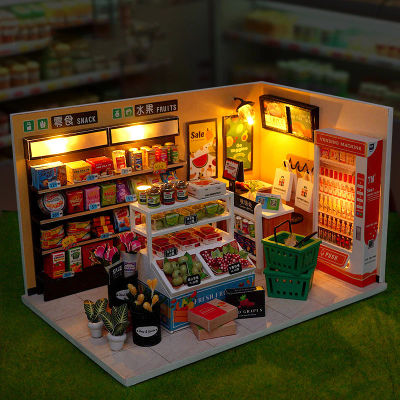 Kit de modelo en miniatura de madera DIY, tiendas de conveniencia, Casa, rompecabezas 3D, casas de muñecas con muebles, luces para amigos, regalos de cumpleaños