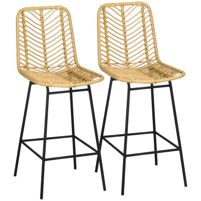 HOMCOM Juego de 2 taburetes de bar, silla de bar de diseño bohemio, altura 66 cm, con reposapiés de metal y respaldo de mimbre natural