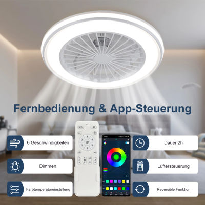 Lámpara de Techo LED RGB de 60W, Ventilador de Techo Silencioso con Control Remoto, Seis Velocidades de Viento, Atenuación por Aplicación y Bluetooth