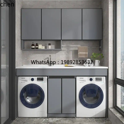 Mueble de lavandería combinado i7 con lavadora y secadora, de aluminio espacial, de doble posición, con lavabo superior integrado y mesa de lavandería
