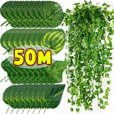 Guirnalda de vid de hiedra verde Artificial de 50/2M, plantas de hojas falsas, guirnaldas enredaderas colgantes de ratán para decoración de pared para fiesta de boda y jardín