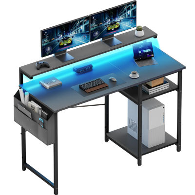 Escritorio LED NEBMAAX con Soporte para Monitor y Estantes Laterales, Mesa de Estudio y Escritura para Juegos, Hogar, Oficina y Dormitorio - Diseño Ergonómico y Bolsa de Almacenamiento Incluida