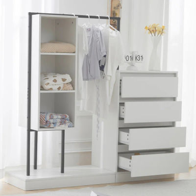 Juego de armario blanco con cajones y aparador, muebles de almacenamiento multifuncionales para dormitorio, barra para colgar ropa incorporada