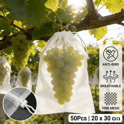 50 Bolsas de Protección para Frutas de Jardín de 20x30cm, Bolsas de Malla para Uvas, a Prueba de Insectos, Plagas y Pájaros, con Cordón, Bolsas de Red para Plantas
