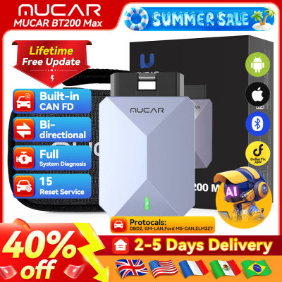 MUCAR BT200 Max OBD2 Escáner Bluetooth, CAN FD Herramienta de diagnóstico de todos los sistemas Actuador bidireccional 15 Reinicio Actualización gratuita de por vida