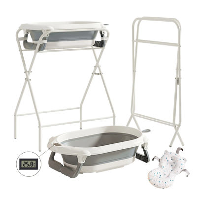 Bañera Plegable 3 en 1 para Bebés con Soporte, Bañera Multifuncional para Recién Nacidos, Bebés y Niños Pequeños, Termómetro Integrado y Almohada de Baño Suave, Bañera Portátil Antideslizante, Gris
