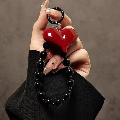Cadena para Teléfono con Cuentas en Forma de Corazón 3D Rojo Coreano, Cordón Colgante para Teléfono, Amuletos para Teléfono, Correa Xyun, Cordón para Móvil Hecho a Mano, Joyería, Regalo