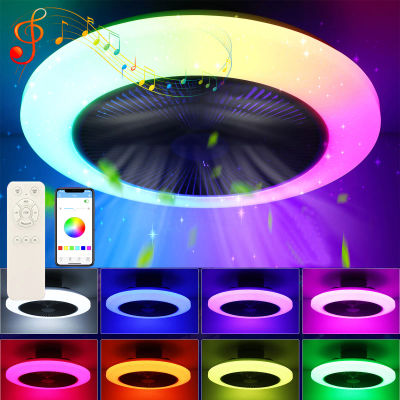 Ventilador de techo LED RGB con Bluetooth de 50W, ventilador de techo con circulación de aire, luz de techo redonda con diseño de cielo estrellado, regulable.