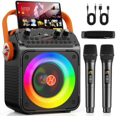 Máquina de Karaoke, Altavoz de Karaoke Bluetooth Portátil con 2 Micrófonos Inalámbricos para Adultos, Luces LED, Compatible con USB/TF/REC/FM/AUX