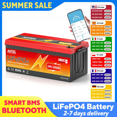 MOSEWORTH 24V 100Ah LiFePO4 batería de fosfato de hierro y litio incorporado Bluetooth BMS 8000 + ciclos para barco Solar