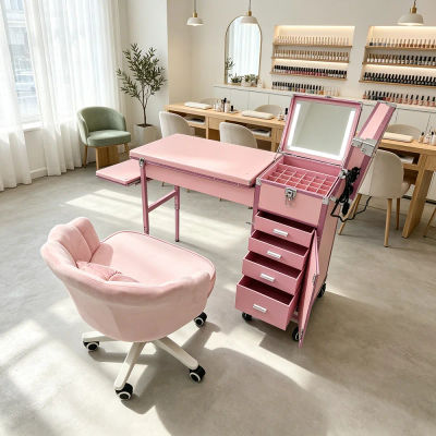 Mesa de Manicura Portátil Rosa con Espejo LED, Cajones y Ruedas, Set de Silla y Mesa Plegable para Uñas, Muebles de Salón para Técnicos de Uñas