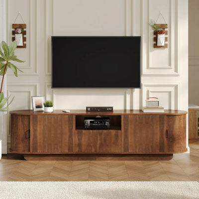 Mueble para TV Moderno con Puertas Corredizas de Panel Ondulado 3D Único, Consola Multimedia con Cajón de Almacenamiento y Compartimento Abierto, Mesa para TV Independiente, Mueble Auxiliar