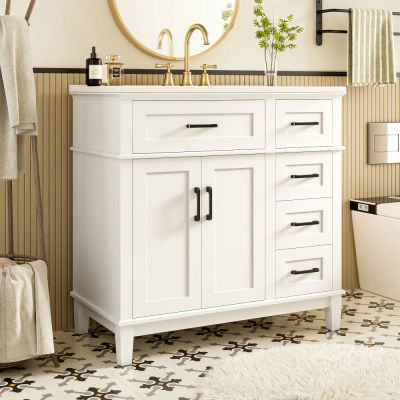 Mueble de Baño de 90 x 46 x 87 cm, Cajones con Amortiguación Silenciosa, Estante Doble en las Puertas, Patas de Madera Maciza, Lavabo de Cerámica Integrado
