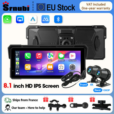Srnubi - Navegador para Motocicleta de 8.1 Pulgadas, Cámara Delantera 4K, Cámara Trasera 1080P, Carplay, Android Auto, DVR, IPX7, Impermeable, Portátil, Bluetooth, Monitor para Moto
