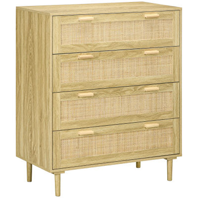 HOMCOM Cómoda de dormitorio con 4 cajones, mueble de almacenaje estilo bohemio con frente tejido en resina trenzada, 90x45x108,5 cm, ch