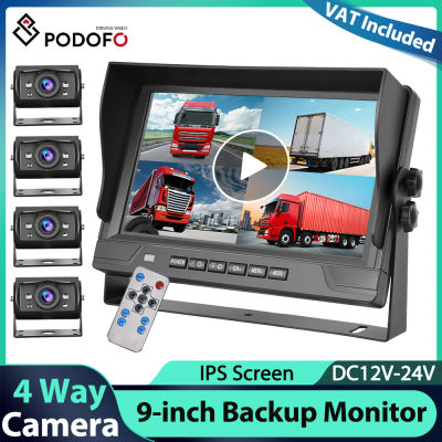 Monitor de Coche Podofo de 9'' con 4 Cámaras, Pantalla IPS, Resistente al Agua IP66, Visión Nocturna, Cámara para el Tablero, Grabador de Conducción DVR 1080P