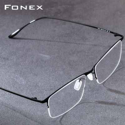 FONEX Montura de gafas de aleación de titanio, gafas cuadradas para hombre, diseño de marca, gafas semi-sin montura de peso ultraligero japonés 8101