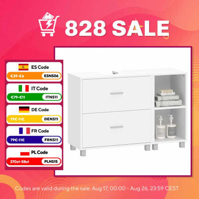 HOMCOM Mueble Bajo Lavabo, Mueble de Baño con 2 Cajones y 2 Estantes Abiertos, Estilo Moderno, para Lavabo con Pedestal, 90x30x60 cm, Blanco