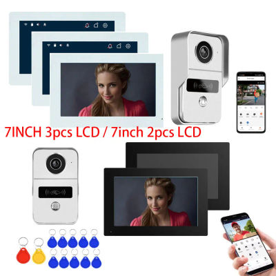 Sistema de Videoportero Inalámbrico WIFI de 4 Cables, 7 Pulgadas, 3 Monitores, 1080P, Cámara HD con RFID, Videoportero, Desbloqueo por Aplicación Tuya