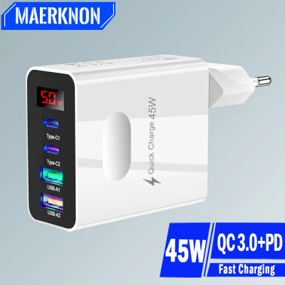 Cargador USB C de 45W, adaptador de teléfono móvil con pantalla Digital de carga rápida de 4 puertos para iPhone 15, Xiaomi, Huawei QC 3,0, cargador PD de pared