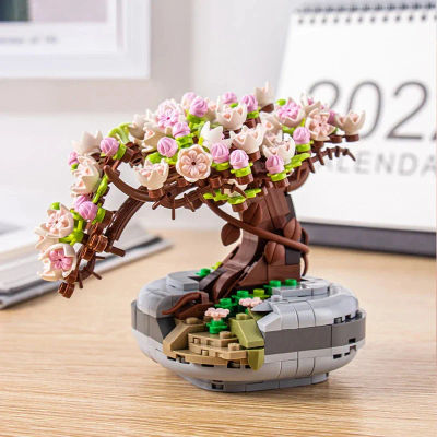 Mini planta bonsái, bloques de construcción, flor, árbol de cerezo, ramo en maceta, modelo de ladrillos, decoración del hogar, juguete para niñas, regalos