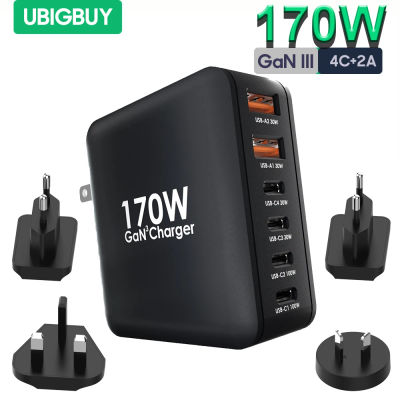 Ubigbuy-cargador rápido GaN de 170W, 6 puertos USB C PD 100W, cargador de pared para MacBook Pro/Air ThinkPad iPad Pro Samsung S23 iPhone 15/14