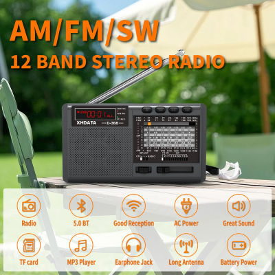 XHDATA D368 DSP Radio AM FM SW 12 bandas con paso 1k Altavoz Bluetooth Reproductor MP3 Lector USB y TF Batería Recargable 18650 Estéreo Portátil Antena Telescópica Salida para Auriculares LED de Carga