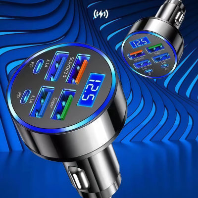 Cargador de encendedor de cigarrillos para coche 6 en 1, adaptador de carga súper rápida con múltiples puertos 4USB 2USB-C y cargador digital para iPhone.