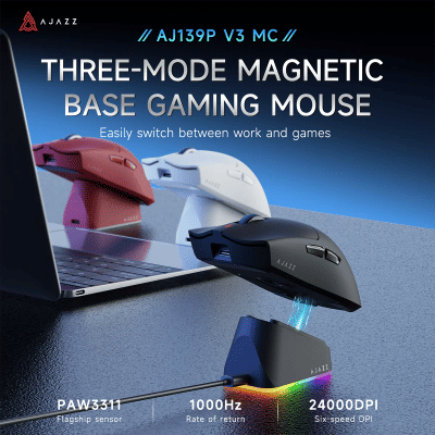 Ratón inalámbrico para juegos AJAZZ AJ139 V3 MC con base de carga magnética RGB, 24000DPI, PAW3311,800mAh, ratón Bluetooth para regalo PC Gamer