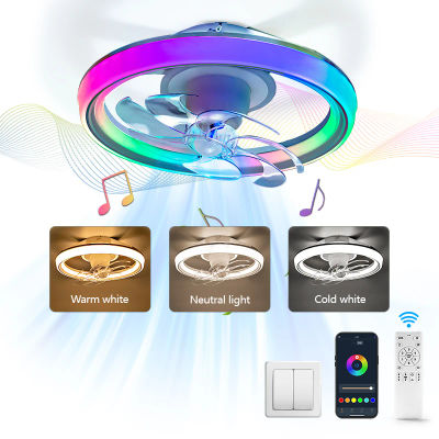 Luz de ventilador de techo LED inteligente con altavoz 360 ° Luz de ventilador RGB moderna giratoria, Control remoto por aplicación, lámpara de 6 velocidades para interior del hogar