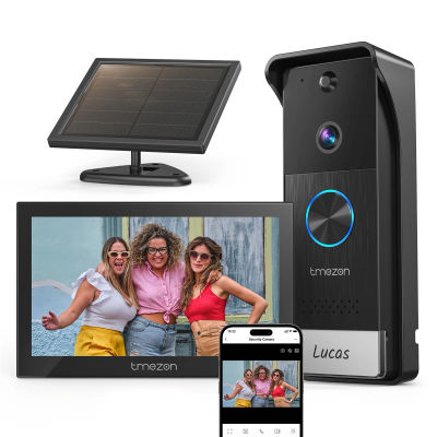 Videoportero inalámbrico con conexión WiFi y alimentación solar de TMEZON, sistema de intercomunicación 1080P, monitor táctil a color de 7 pulgadas, videoportero con mirilla y panel solar, detección