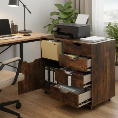 Mueble de 5 cajones con puerta, carrito de servicio móvil con 5 ruedas, archivador lateral rodante, soporte para impresora, marrón rústico