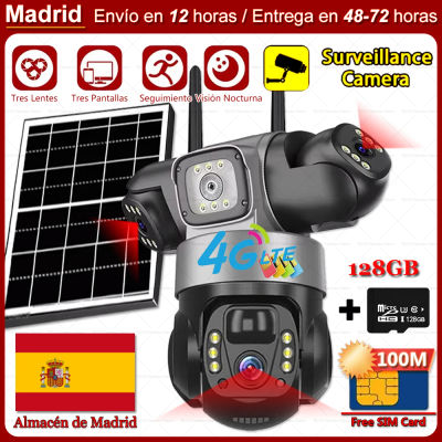 Cámaras Solares 4G, Cámara CCTV Inalámbrica IP, Protección de Seguridad Inteligente para el Hogar, Monitor de 3 Lentes, Videovigilancia Remota PTZ