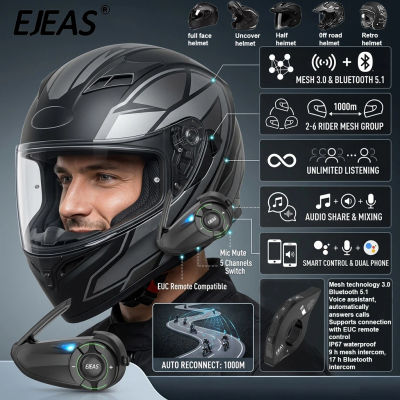 EJEAS Q8 Auriculares Intercomunicadores para Casco de Motocicleta con, Bluetooth 5.1, Intercomunicador de Red con APP para Compartir Música, Sistema de Intercomunicación para Casco de Moto,