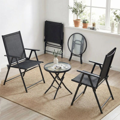 Juego de Muebles de Jardín de 3 Piezas, Silla Plegable con Respaldo Alto y Mesa de Centro de Vidrio, Silla de Camping Ajustable en 7 Posiciones, Muebles de Balcón