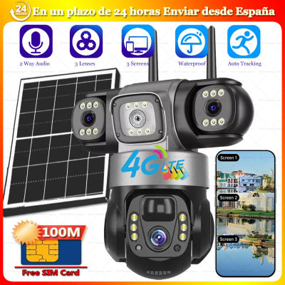 Cámaras Solares 4G IP Inalámbricas con SIM, 100M de Datos, Cámara CCTV, Seguridad Inteligente para el Hogar, Protección, 3 Lentes, Monitor, Videovigilancia Remota PTZ