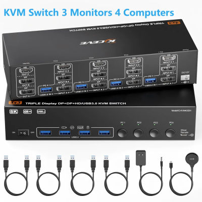 Conmutador KVM 3 monitores 2/3/4 ordenadores, USB 3,0 HDMI + DisplayPort 8K @ 60Hz/4k @ 144Hz interruptor de Monitor Triple para 2 PC Share 4 USB 3,0