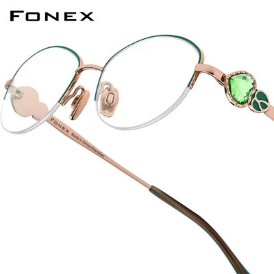 Montura de gafas de titanio FONEX para mujer, marca de lujo de diseñador, gafas semisin montura con adorno de diamante, gafas japonesas de alta calidad 6123