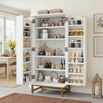 Mueble de Almacenamiento para Cocina, Aparador, Mueble Buffet para Espacios Pequeños de Comedor o Sala de Estar, con Estantes Interiores Ajustables, Color Blanco y Dorado, Mueble Organizador Moderno