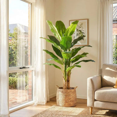 Planta de Plátano Artificial de 180/150 cm, con 21 Hojas y Tronco de Madera Natural en Maceta Gris, Planta Artificial de Plátano Grande como un Árbol Real para Decoración de Sala de Estar, Oficina,