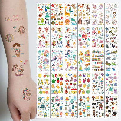 30 pegatinas de tatuaje de dibujos animados lindos, unicornio, animal, sirena, barco con ruedas de coche, robot espacial, fruta, pirata, tatuajes de elfo mariposa