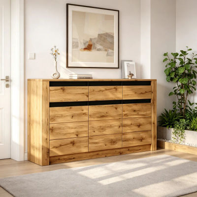 Aparador moderno de aglomerado de 135×35×70 cm, armario de almacenamiento con 9 compartimentos, muebles contemporáneos para el hogar para sala de estar