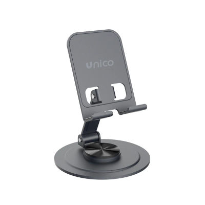 UNICO 360 ° Soporte giratorio para teléfono, hecho de metal, ángulo ajustable, adecuado para tabletas y teléfonos, soporte de escritorio plegable antideslizante, adecuado para teléfonos inteligentes