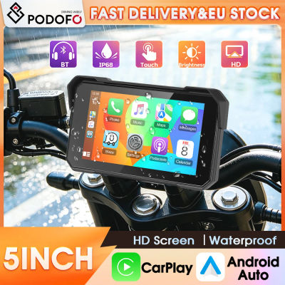 Podofo Monitor de pantalla táctil HD impermeable para motocicleta de 5 pulgadas, pantalla de navegación inteligente portátil, reproductor multimedia inalámbrico Carplay Android Auto para sistema de