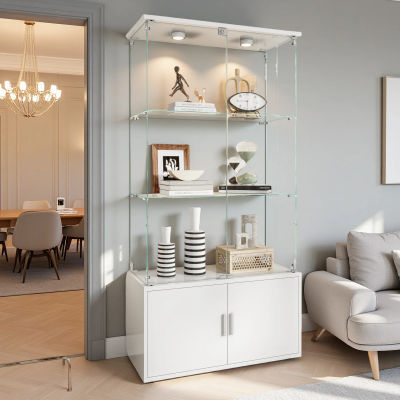 Vitrina, Vitrina de Vidrio, Estantería, Estante de Vidrio, Mueble de Almacenamiento, de Tres Niveles, con Luz LED, de Pie, con Mueble de Almacenamiento Debajo, para Salas de Estar, Dormitorios,